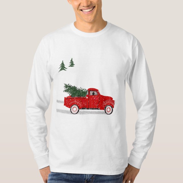 T-shirt T de Noël pour hommes, petit camion rouge (Devant)