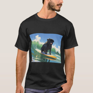 T-shirt T Pug noir fait du surf en vacances