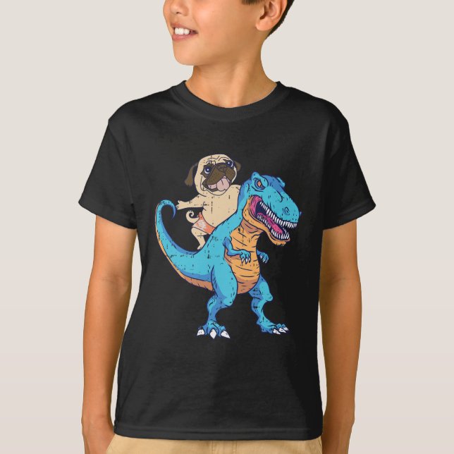 T-shirt T-rex à cheval sur un Pug surfant Dinosaur drôle a (Devant)