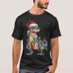 T-shirt T Rex Dinosaur Joyeux feux de Noël Santa Hat