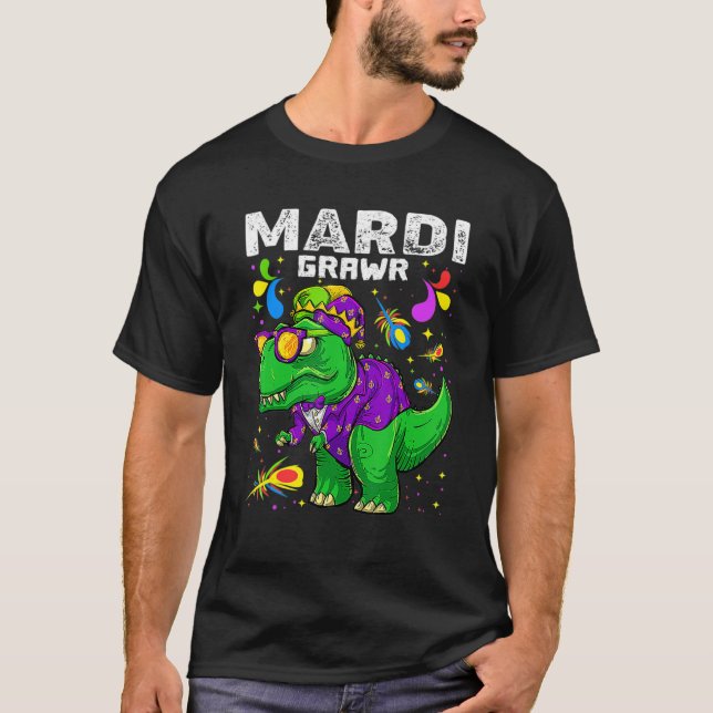 T-shirt T Rex Dinosaur Mardi Gras Bead Costume Mardi Grawr (Devant)