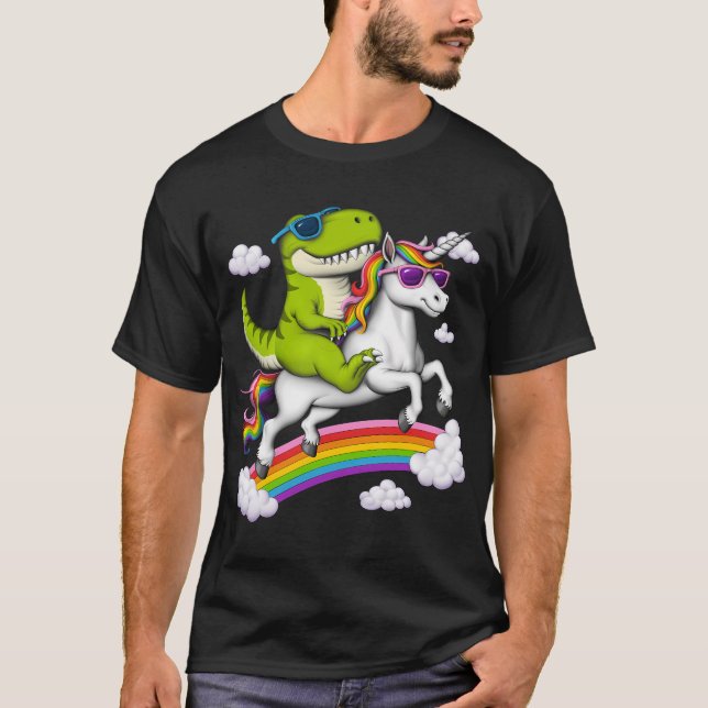 T-shirt T-Rex Dinosaure chevauchant Licorne (Devant)