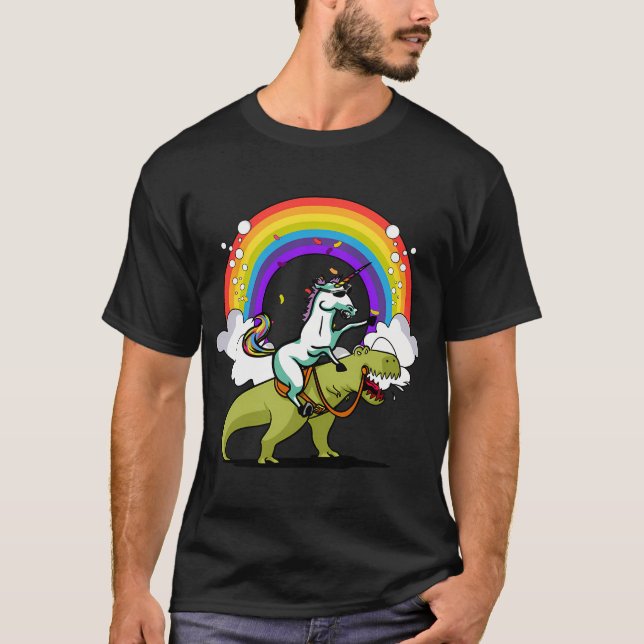 T-shirt T-Rex Dinosaure chevauchant une Licorne (Devant)