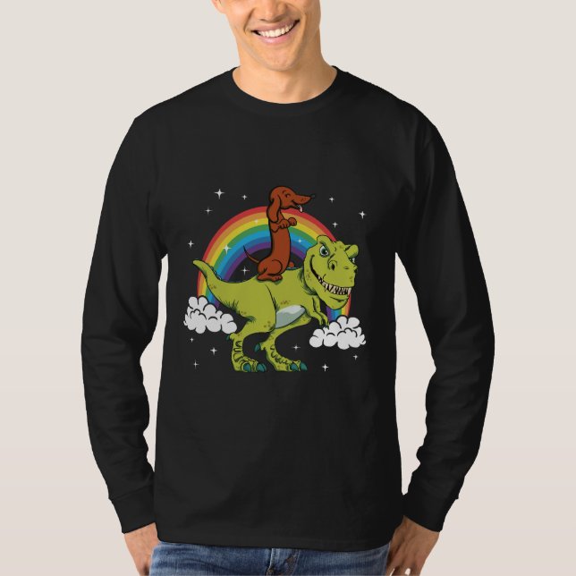 T-shirt T Rex équitation Dachshund Chien Amp Présente (Devant)