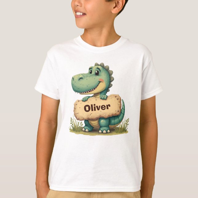 T-shirt T-Rex Joueur avec panneau de nom de pierre (Devant)
