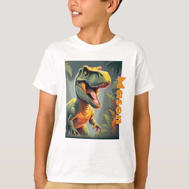 T-shirt T-Rex Jurassique Dinosaure Gris et orange (Devant)
