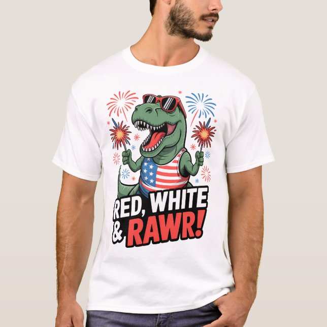 T-shirt T-Rex Patriotique 4 juillet Rouge Blanc & Bleu (Devant)
