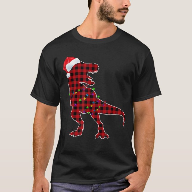 T-shirt T Rex Red Plaid Buffalo Dinosaur Pajamas de Noël (Devant)