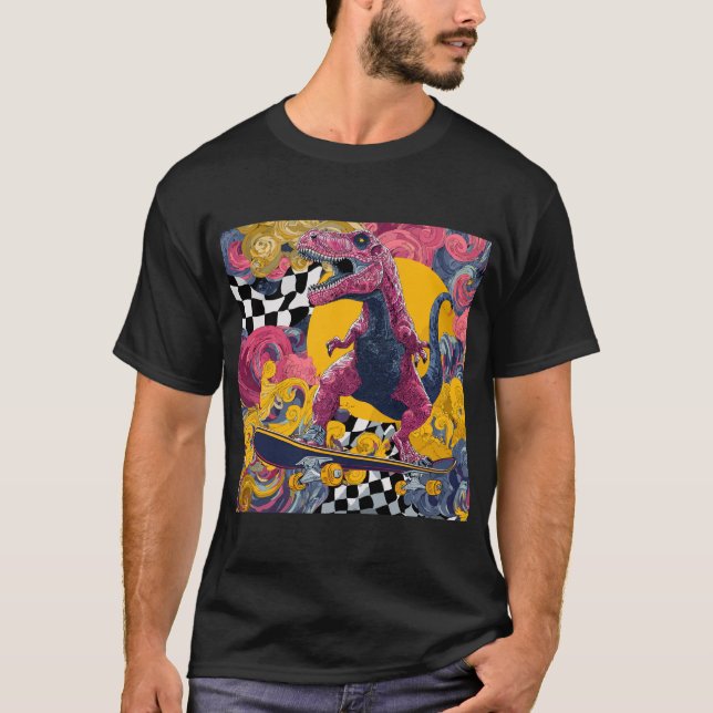 T-shirt T-Rex rose orné en skateboard (Devant)