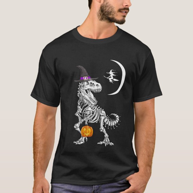 T-shirt T-Rex Skeleton Citrouille Witch Moon Halloween (Devant)