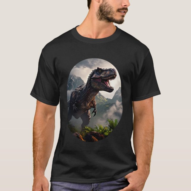 T-shirt T-Rex standing before a rugged mountain range (Devant)