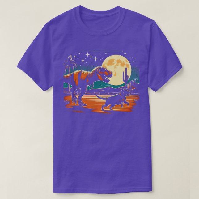 T-shirt T Rex Walking a Dog Funny Boston Terrier Moon Hall (Design devant)