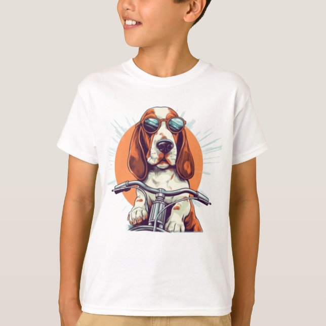 T-shirt T-Shirt, basset cool caricature hound biker (Devant)