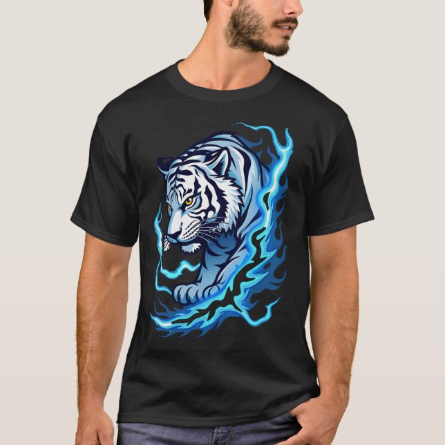 T-shirt "T-shirt blanc avec design Tigre et Flames bleues" (Devant)