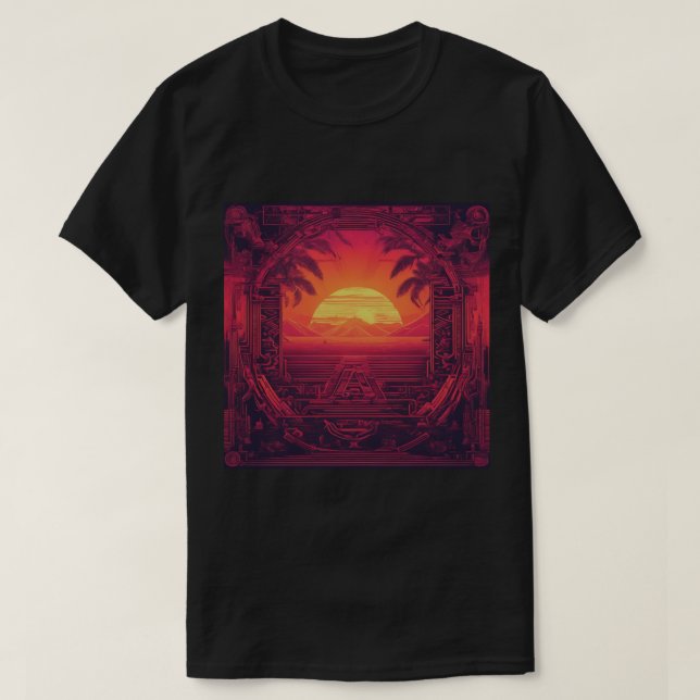 T-shirt T-shirt, noir, coucher de soleil (Design devant)