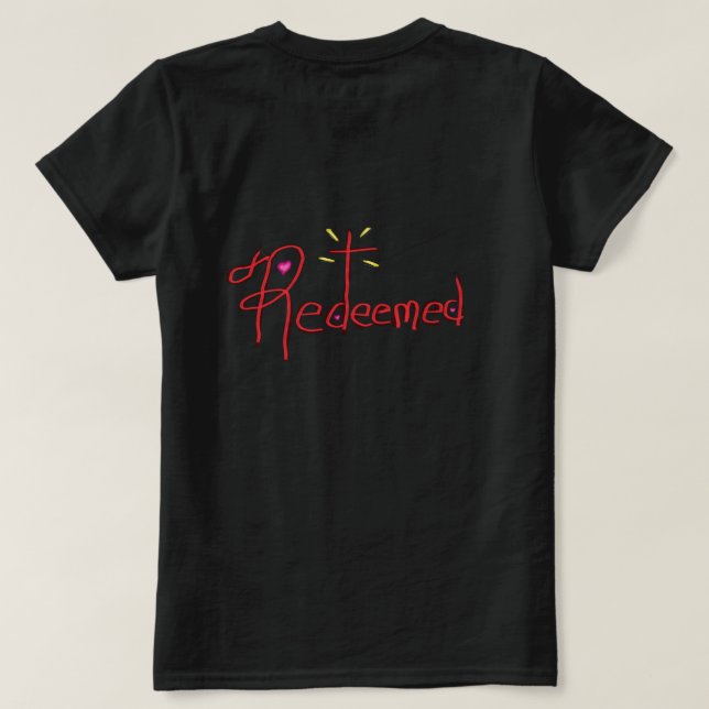 T-shirt T Shirt ‘Redeemed’ Hand Drawn Text Cross Hearts (Design dos)
