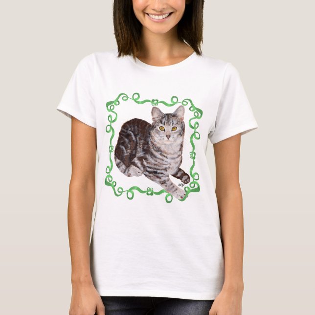 T-shirt Tabby américain Tabby Cat Green Ribbon (Devant)