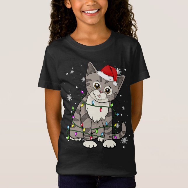 T-Shirt Tabby Chat Flammes de Noël Chat Noël Chapeau (Devant)