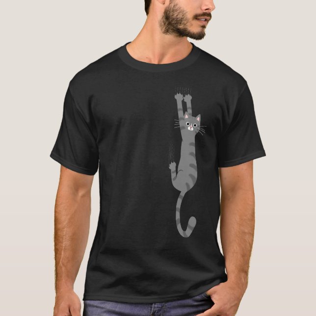 T-shirt Tabby Gris Chat Accroché | Chat rayé gris drôle (Devant)