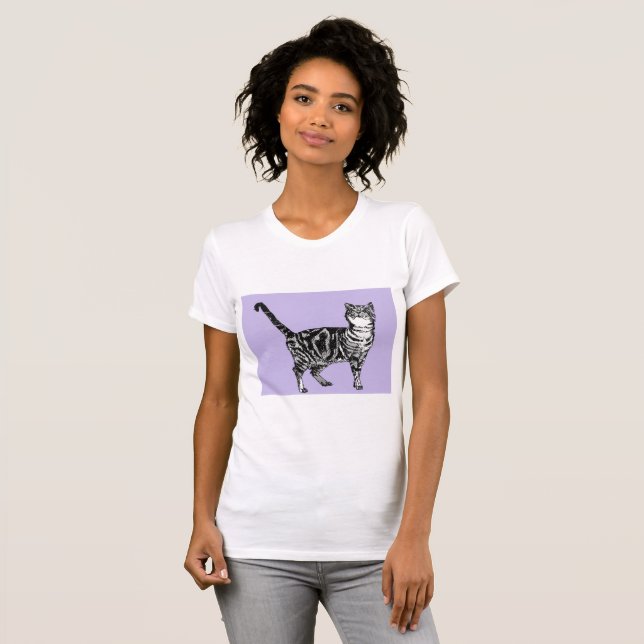 T-shirt Tabby noir et blanc Chat Filles T Chemise violette (Devant entier)