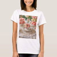 Table fleurie, tasses d'eau, plateaux en gradins m