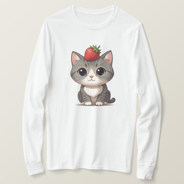 T-shirt Tablette grise chat avec fraise (Design devant)