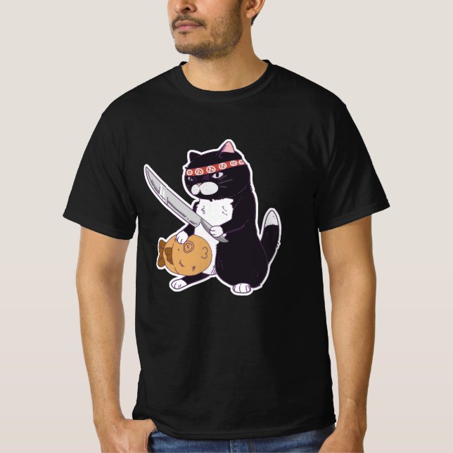 T-shirt Taiyaki Samurai Chat avec poisson, Sushi Chat (Devant)
