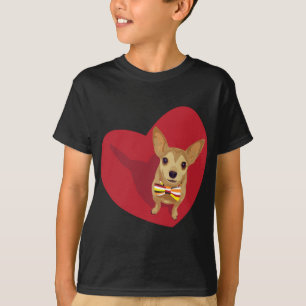 T-shirt Tan Chihuahua avec cravate arc dans un coeur rouge