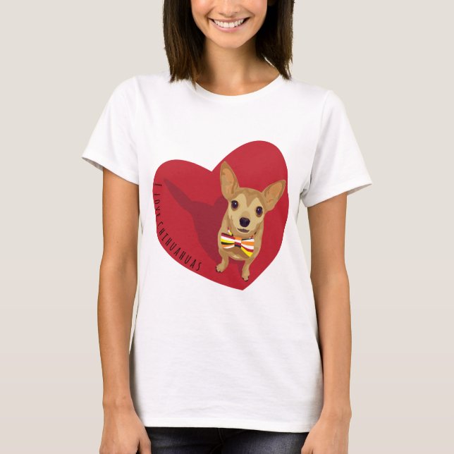 T-shirt Tan Chihuahua avec cravate arc dans un coeur rouge (Devant)