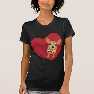 T-shirt Tan Chihuahua avec cravate arc dans un coeur rouge