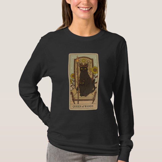 T-shirt Tarot Card Queen Of Wands And Cat Cosmic Graphic C (Devant)