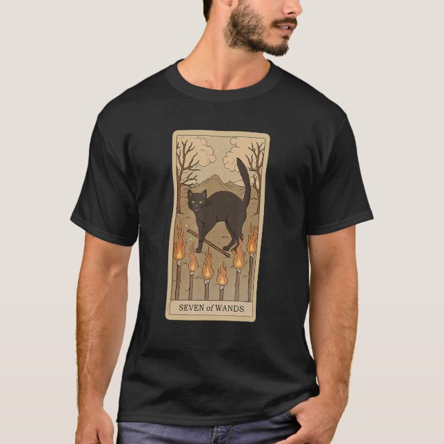 T-shirt Tarot Card Seven Of Wands And Cat Cosmic Graphic C (Devant)