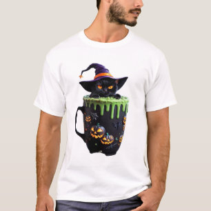 T-shirt Tasse de café Halloween Chat Sorcière Chat Noir mi