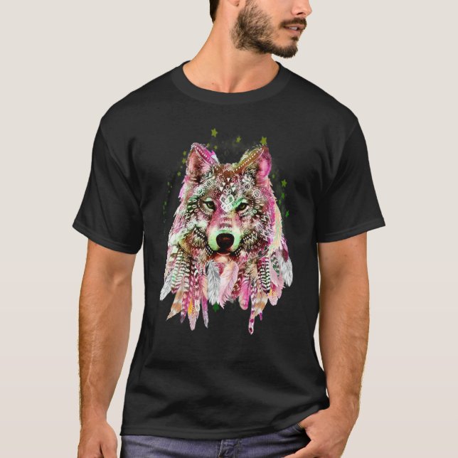 T-shirt Tatouage bohème tribal de tête de loup d'Amérique  (Devant)