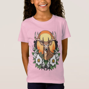 T-Shirt Tatouage de dessin animé d'un cerf avec la rose de