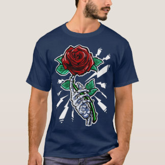 T-shirt Tatouage Squelette main Rose rouge Fleur