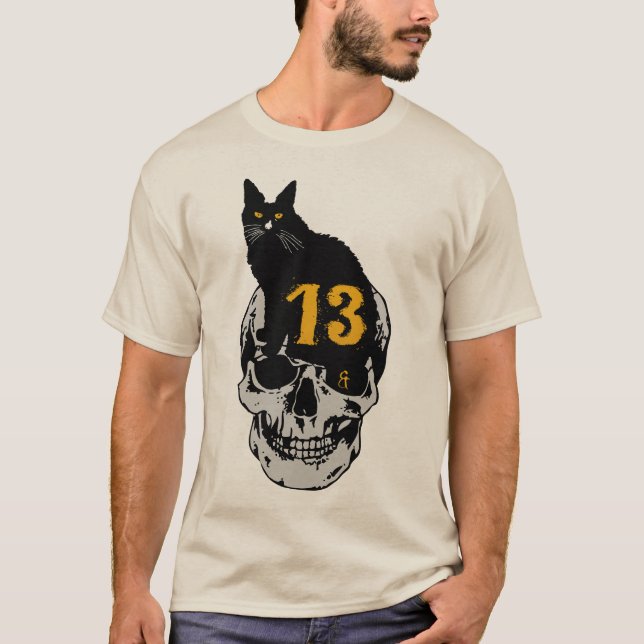 T-shirt tattoo chat noir tete de mort crane 13 numero malh (Devant)