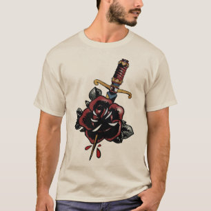 T-shirt tattoo couteau rose fleur dague poignard transperc