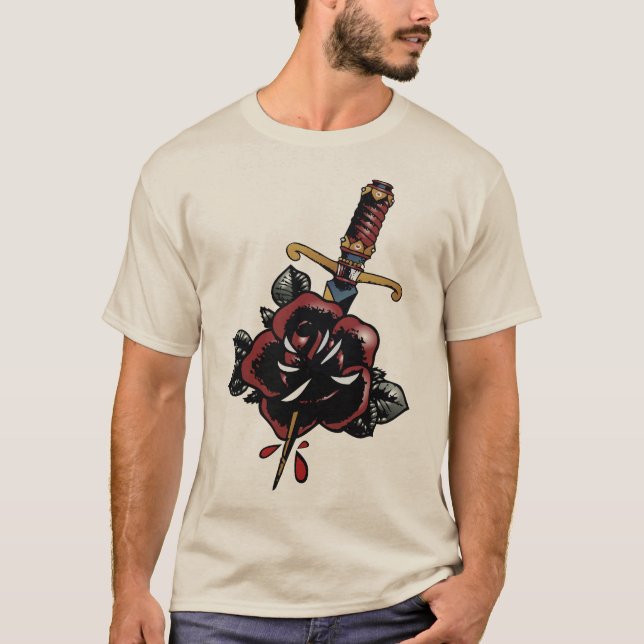 T-shirt tattoo couteau rose fleur dague poignard transperc (Devant)