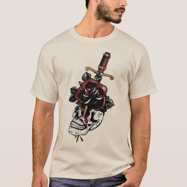 T-shirt tattoo crane tete de mort dague old school fleur r (Devant)