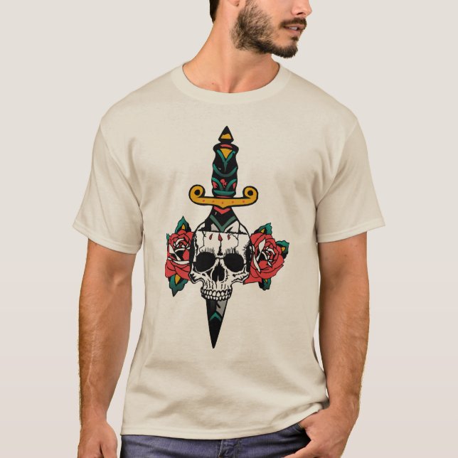 T-shirt Tattoo dague tete de mort crane couteau poiganrd r (Devant)
