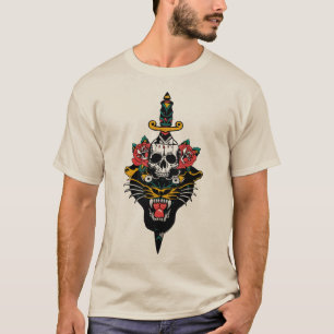 T-shirt tattoo panthere tete de mort crane dague fleur ros