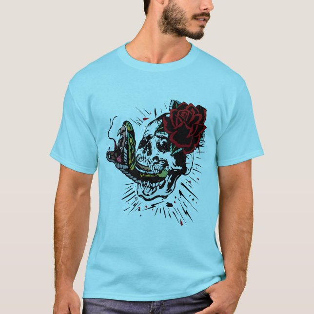 T-shirt tattoo rose tete de mort fleur crane serpent cobra (Devant)