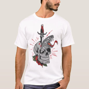 T-shirt tattoo serpent dague tete de mort crane rose fleur
