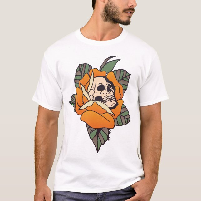 T-shirt tattoo tete de mort crane fleur rose feuille old s (Devant)