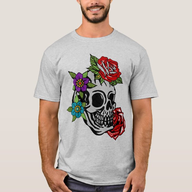 T-shirt tattoo tete de mort fleur rose feuille old school  (Devant)
