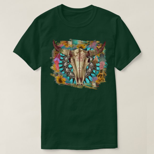T-shirt Taureau De Boho Occidental Avec Gemstone Turquoise (Design devant)
