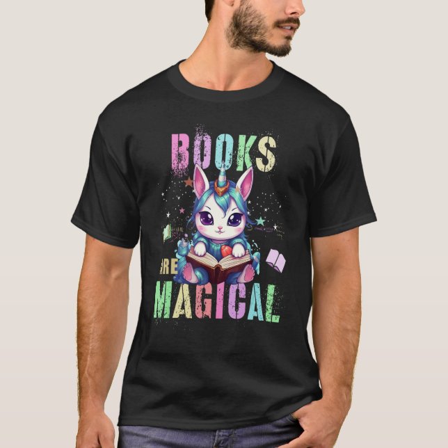 T-shirt Teacher BOOKS ARE MAGICAL Cat Unicorn School Libra (Devant)