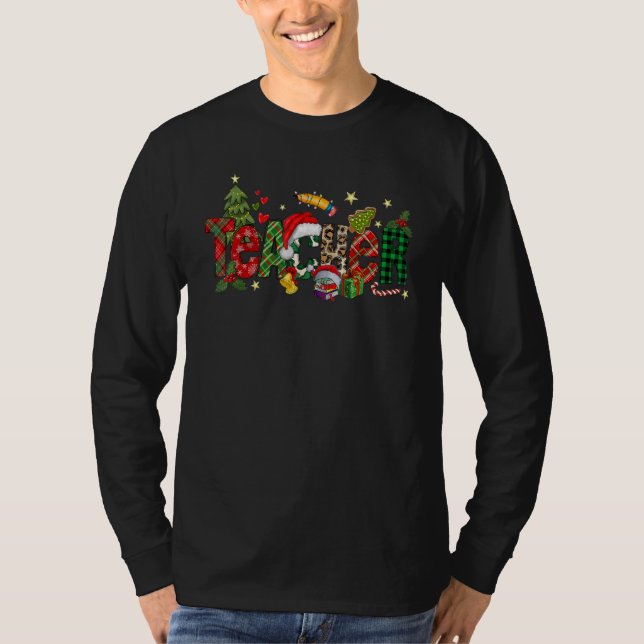 T-shirt Teacher Christmas Books Santa Leopard Plaid Cakes  (Devant)