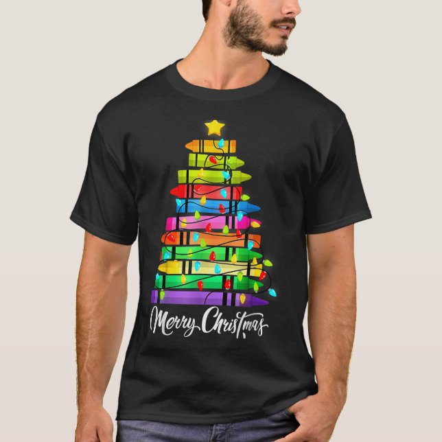 T-shirt Teacher Crayon Merry Christmas Tree Lights School  (Devant)